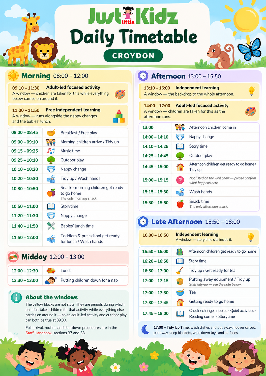Just Little Kidz daily timetable, Croydon — the full day from 08:00 to 18:00